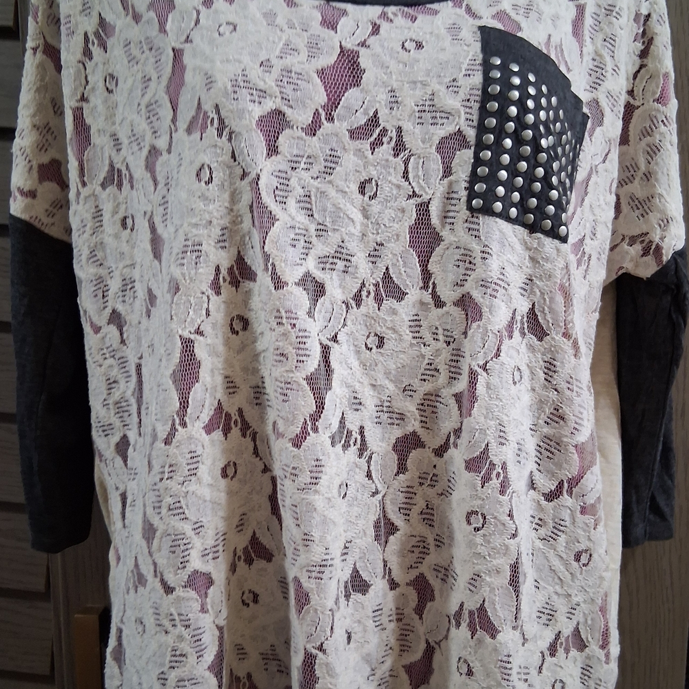Buckle Cream Lace Long Sleeve Top with Black Studded Pocket